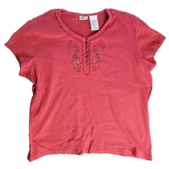 White Stag Claret Short Sleeve Top 100% Cotton Embroidered Women XL Shrunk Distr - Picture 1 of 11